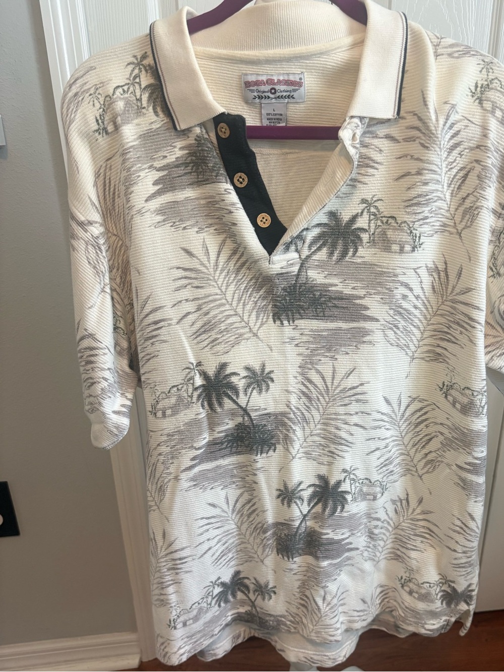 Classic Tropical-Print Polo Shirt - Cream with Gray Print